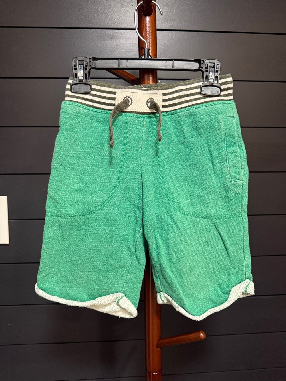 Mini Boden Green Terry Shorts with Striped Waistband